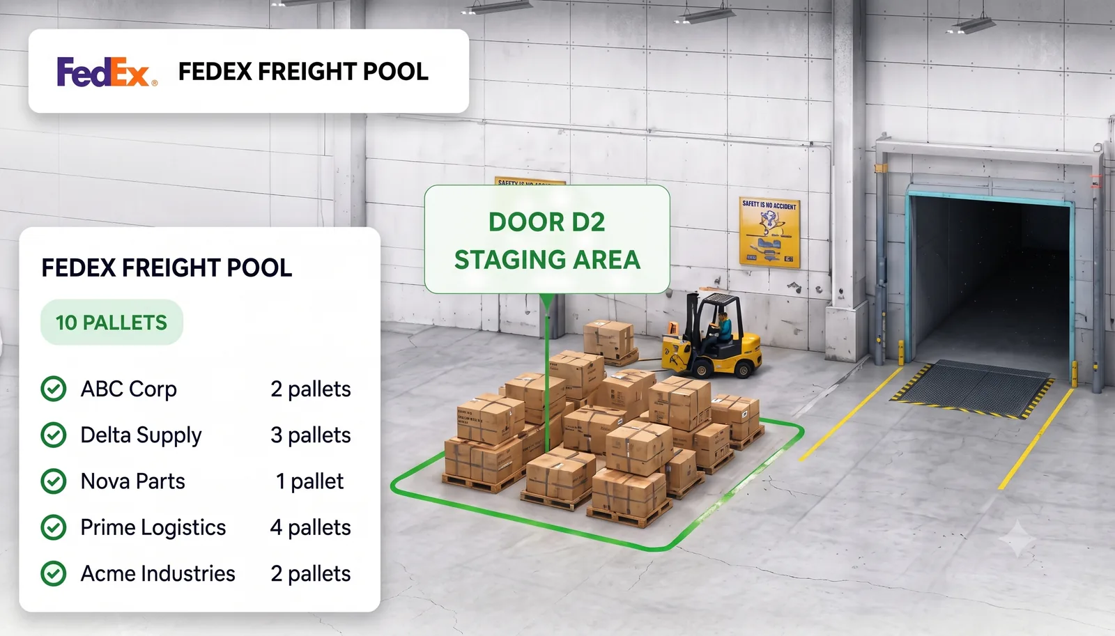 Carrier-ready LTL freight pool consolidated at a defined dock staging area