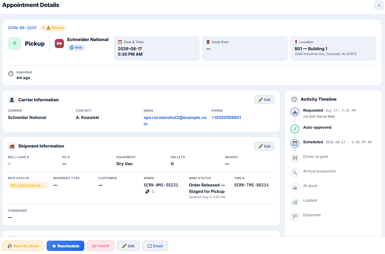 Appointment record connected with WMS and TMS references
