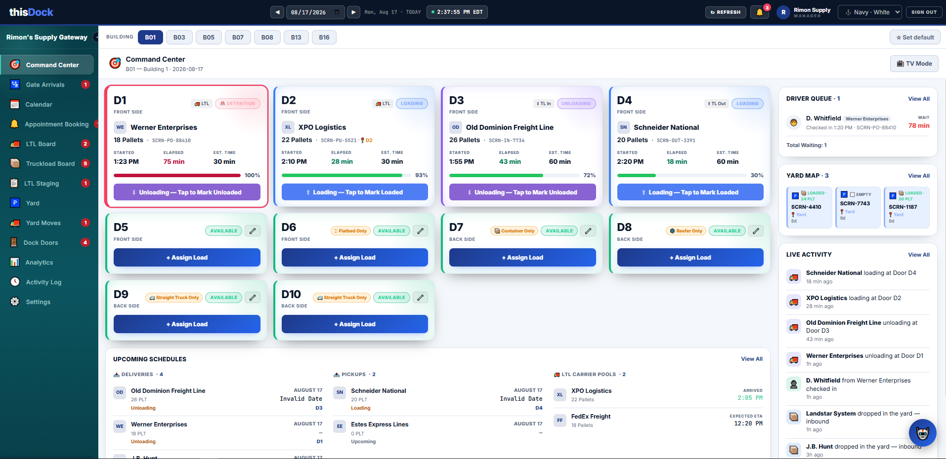 Live thisDock Command Center showing dock doors, detention, driver queue, yard trailers, and upcoming schedules