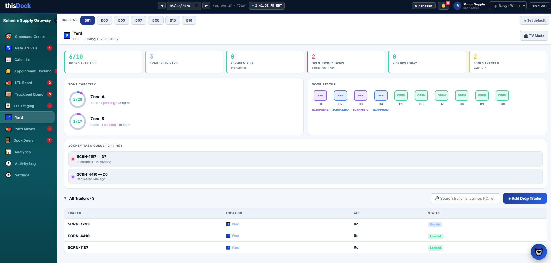 Live thisDock yard inventory dashboard