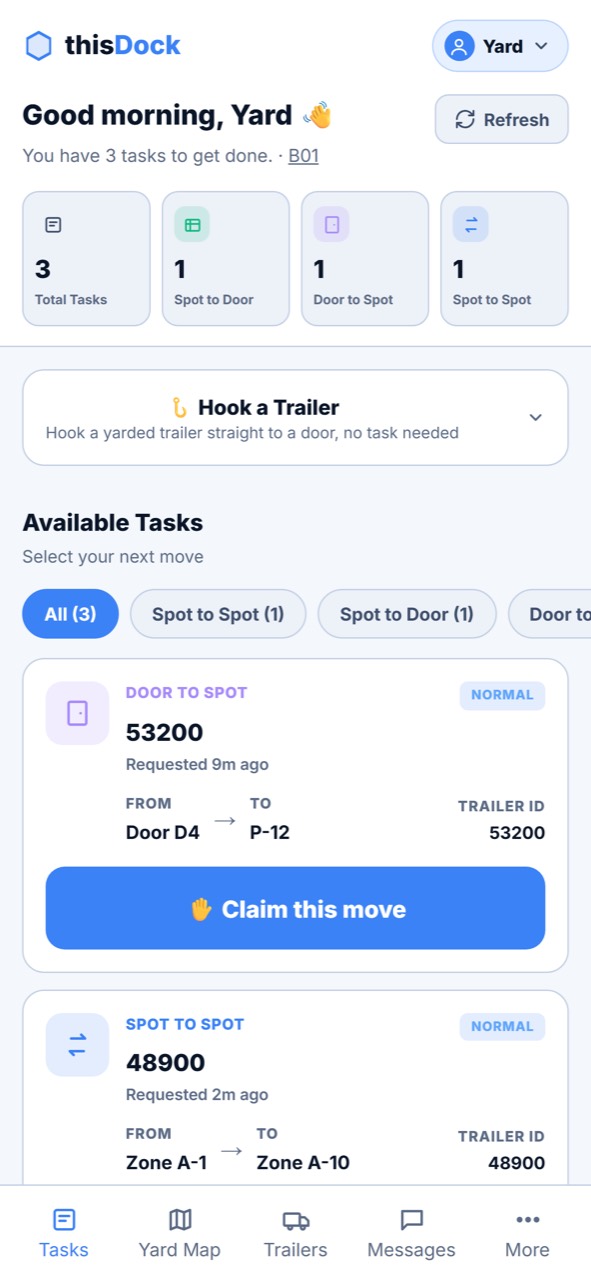 thisDock iOS yard jockey task queue showing spot-to-door, door-to-spot, and spot-to-spot trailer moves